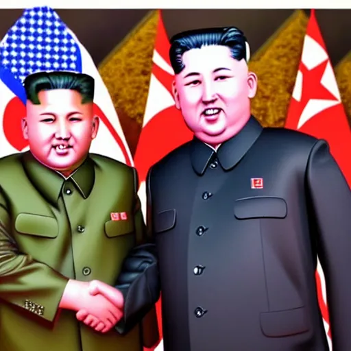 Image similar to photograph of kim jong - un, and joseph stalin, shaking hands with each other in pyongyang, 8 k, very detailed, very intricate, colored,