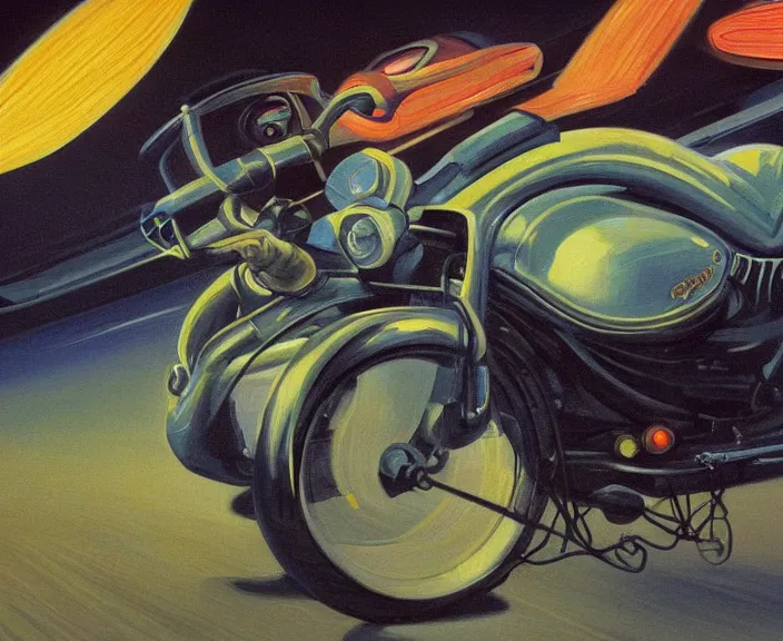 Image similar to a very detailed painting of a alien wearing a suit, riding a motorbike down a street, harley davidson motorbike, worm's - eye view, very fine brush strokes, very aesthetic, very futuristic, in the style of edward hopper and grant wood and syd mead, 4 k,