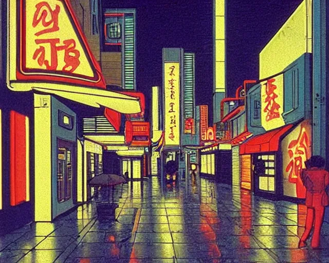 Image similar to cozy soft neon street with in a cyberpunk city on a rainy melancholy osaka night in 1 9 9 6 by de chirico