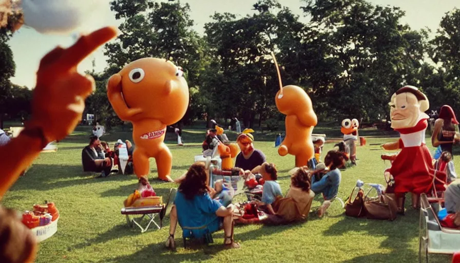 Prompt: 1990s candid photo of a beautiful day at the park, cinematic lighting, cinematic look, golden hour, costumed packaged food mascot people in the background, Enormous personified packaged food mascot people with outstandingly happy faces talking to families, UHD