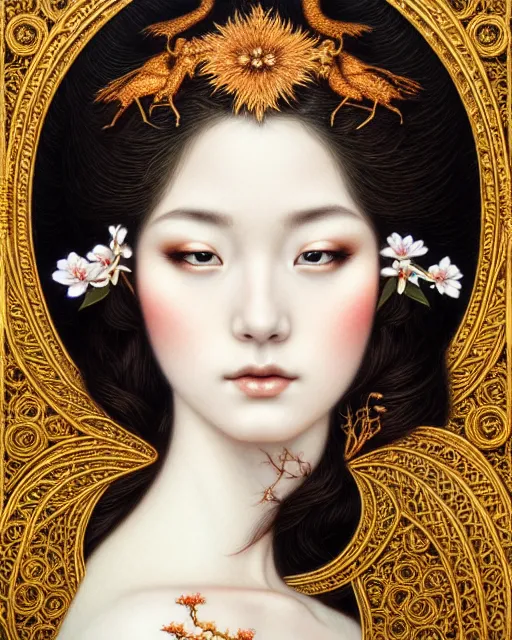 Prompt: portrait of a beautiful goddess of nature, graceful beauty, ornamental, nature aesthetics, head in focus, intricate, elegant, highly detailed, painterly, artstation, artistic, no fingers, concept art, hasselbrad photography, sharp focus, illustrative, art style by chie yoshii