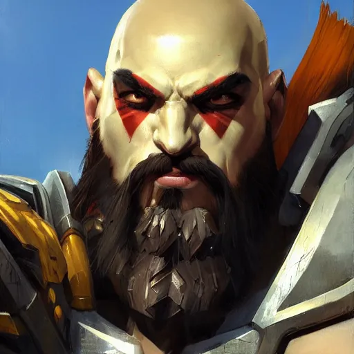 Prompt: greg manchess portrait painting of armored mega kratos as overwatch character, medium shot, asymmetrical, profile picture, organic painting, sunny day, matte painting, bold shapes, hard edges, street art, trending on artstation, by huang guangjian and gil elvgren and sachin teng