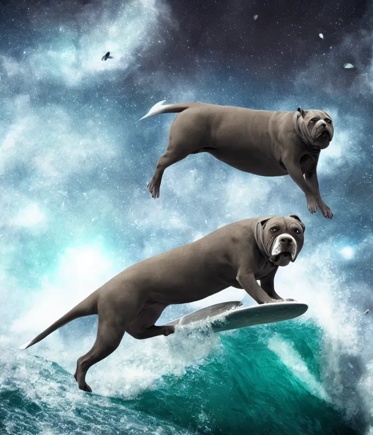 Prompt: photo of a dark gray coat pit bull with a white paws and a white nose!, trending on artstation surfing on a surfboard in a crashing wave of alien ocean in space, background is an alien galaxy, aliens in the background, alien colors, octane render, unreal engine, wide view, 8 k, highly detailed