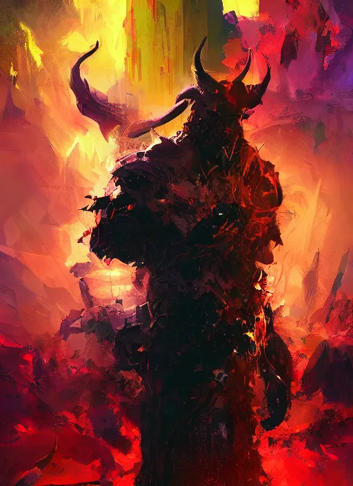 Image similar to dark Joe Biden grinning emperor of the world, high contrast with devil horns, cosmic horror, abstract, masterpiece, trending on ArtStation, by Greg Rutkovski and by Craig Mullins and by David Cronenberg and by Ismail Inceoglu