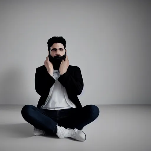 Image similar to a man with black hair and beard, wearing a black jacket, white shirt and jeans, sitting in an empty white room, devastated, rendered in unreal engine