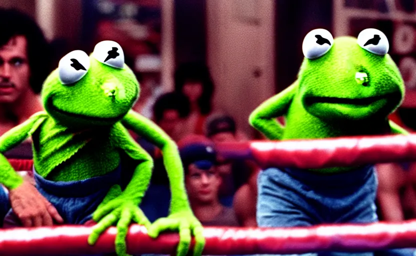 Image similar to the movie rocky except it's kermit the frog