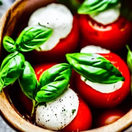 Image similar to photo of a tomato filled with mozzarella and basil, in a pool of olive oil