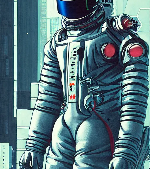 Image similar to cyberpunk japanese engineer with long limbs and a black spacesuit on a spacewalk, techwear, dead space, visible face, Industrial Scifi, detailed illustration, character portrait, by Martin Grip and Moebius