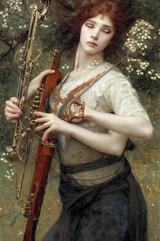 Prompt: a female bard by Edgar Maxence and Ross Tran and Michael Whelan