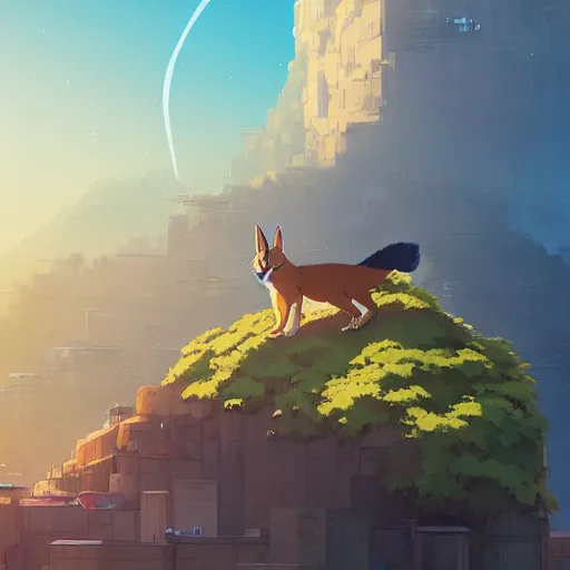 Image similar to giant fat fluffy cute caracal floating above a mountain city with lot's of clouds, detailed, cory loftis, james gilleard, atey ghailan, makoto shinkai, goro fujita, studio ghibli, rim light, exquisite lighting, clear focus, very coherent, plain background