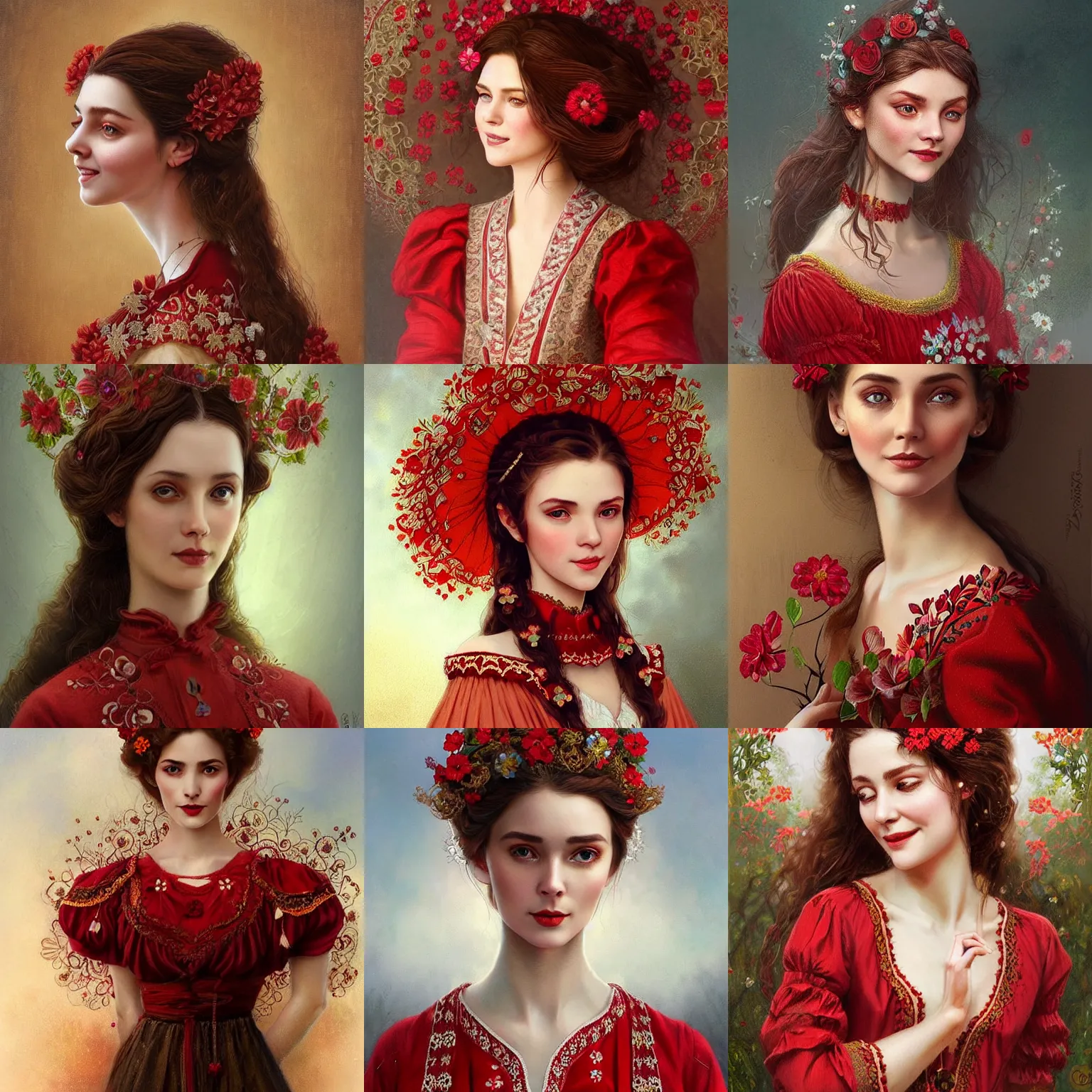 Prompt: brown haired lady in red embroidered shirt, ukrainian national costume, filigree crown with textile embroidery flowers, 🌸 🌼 💮, beautiful, playful smile, detailed portrait, intricate complexity, matte painting in the style of charlie bowater, tom bagshaw, greg rutkowski