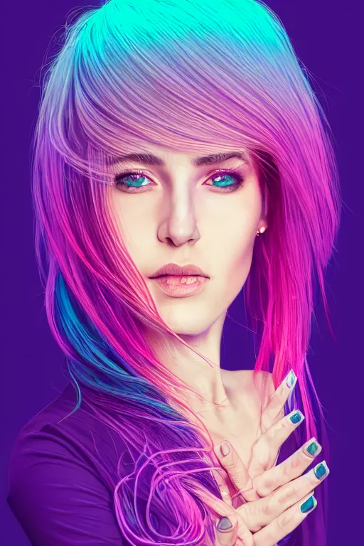 Image similar to a award winning half body portrait of a beautiful woman with stunning eyes in a croptop and cargo pants with ombre purple pink teal hairstyle and hands in pockets by thomas danthony, surrounded by whirling illuminated lines, outrun, vaporware, shaded flat illustration, digital art, trending on artstation, highly detailed, fine detail, intricate