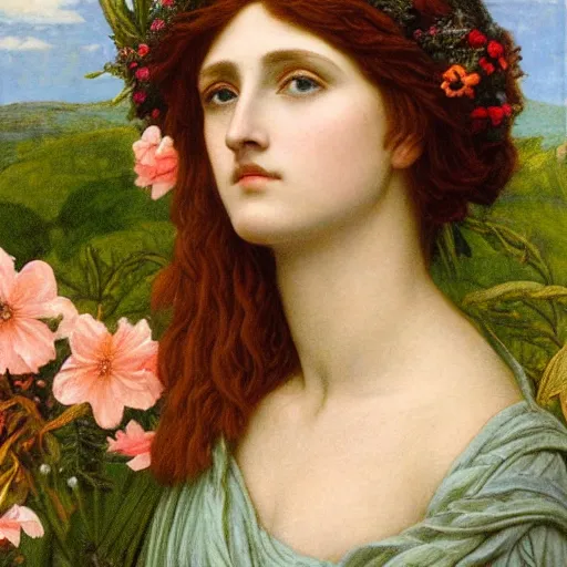 Image similar to Pre-Raphaelite goddess of nature in the style of John William Godward, close-up portrait, in focus, flowers and plants,