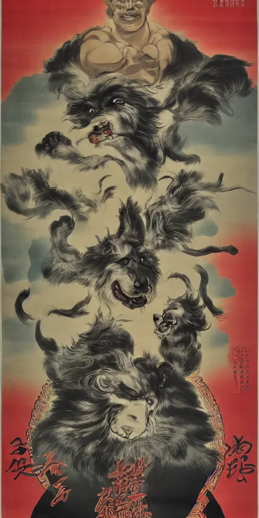 Prompt: chinese propaganda poster, dog as a god as the centerpiece, detailed face, gorgeous, amazing, flowing hair, very muscular male body, caesar victorious, proud emperor, crepuscular ray, intricate, highly detailed