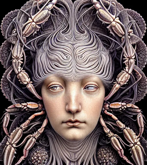 Image similar to detailed realistic beautiful crab goddess face portrait by jean delville, gustave dore, iris van herpen and marco mazzoni, art forms of nature by ernst haeckel, art nouveau, symbolist, visionary, gothic, neo - gothic, pre - raphaelite, fractal lace, intricate alien botanicals, ai biodiversity, surreality, hyperdetailed ultrasharp octane render