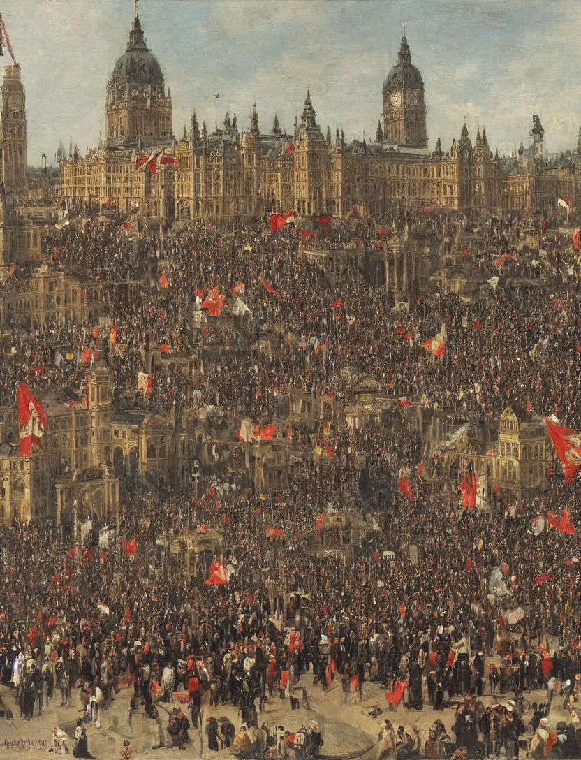 Prompt: A protest in front of the Parliament, High quality, Mihaly Munkacsy,