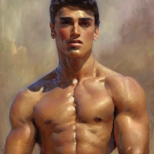 Image similar to Manu Rios with a muscular body type, painting by Gaston Bussiere, Craig Mullins