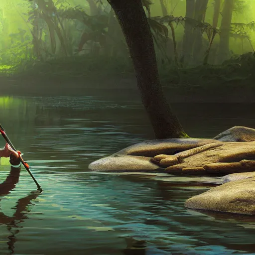 Image similar to painting of otter-fishman with fishing rod, stylized, octane render, morning forest river