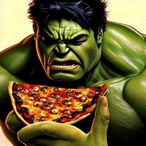 Prompt: portrait of Hulk opening his mouth to eat pizza, also smashing pizza with his fists, highly detailed, digital painting, artstation, concept art, sharp focus, illustration, art by artgerm and greg rutkowski and alphonse mucha