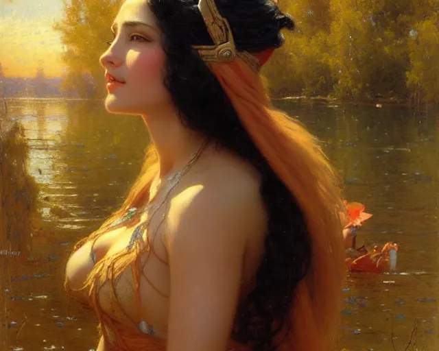 Prompt: attractive tan women with long black hair in a beautiful lake. highly detailed painting by gaston bussiere, craig mullins, j. c. leyendecker 8 k