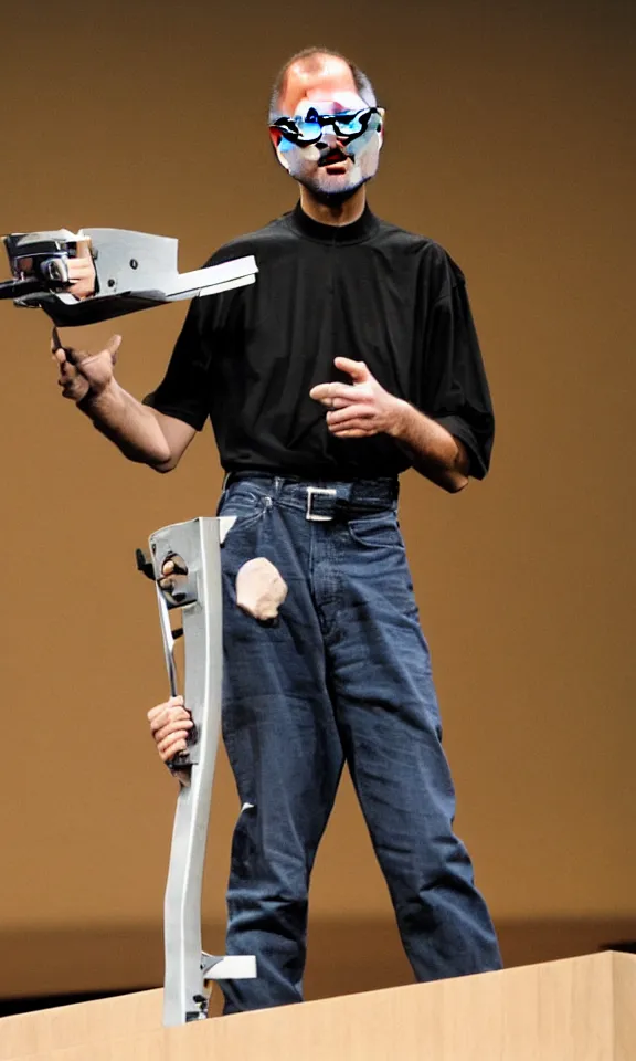 Image similar to steve jobs revealing their new hand saw at a keynote, press photo