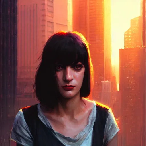 Prompt: portrait of a young mia wallace in front of a cyberpunk city, dramatic light, city background, sunset, high contrast, sharp, painted by stanley lau, painted by greg rutkowski, painted by stanley artgerm, digital art, trending on artstation