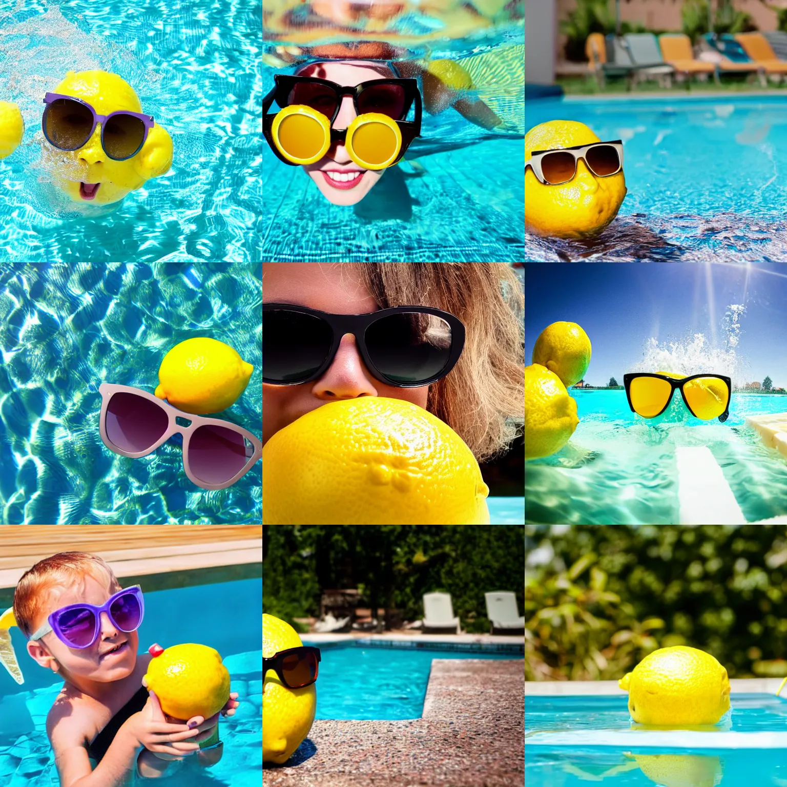 Prompt: lemon with sunglasses playing in a pool