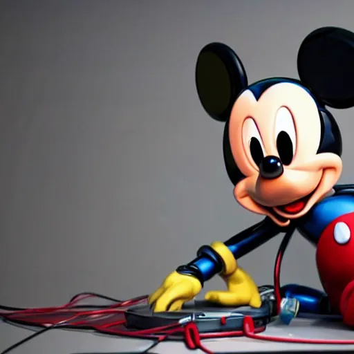 Image similar to a cybertronic mickey mouse being dissected by a group of network executives, on an operating table, octane render, cgstation, 3 d render, very detailed, mindblowing, blood and guts, gritty, cyberpunk