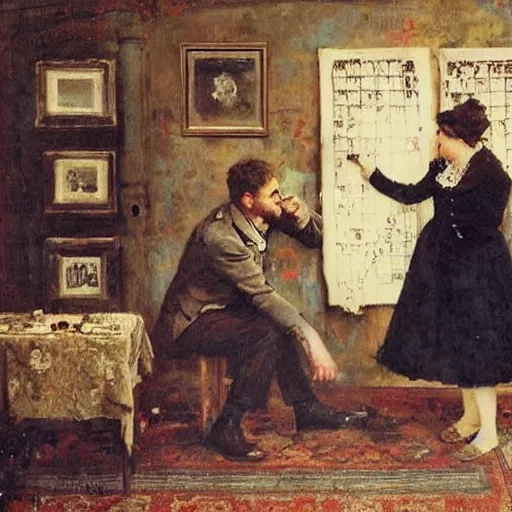 Image similar to a man and a woman solving an escape room puzzle alfred stevens