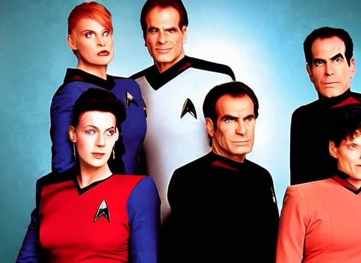 Image similar to a promo photo from a 1 9 9 0 s sci - fi tv programme, star trek tng, deep space 9, babylon 5, quantum leap, vhs distortion