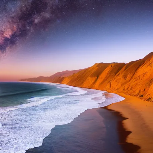 Image similar to coast of Lima, Peru at dusk with a Milky Way sky photographed in 4K, photorealistic