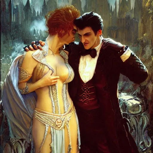 Image similar to attractive male, arthur pendragon confesses his love to attractive male dracula the vampire. highly detailed painting by gaston bussiere, craig mullins, j. c. leyendecker 8 k