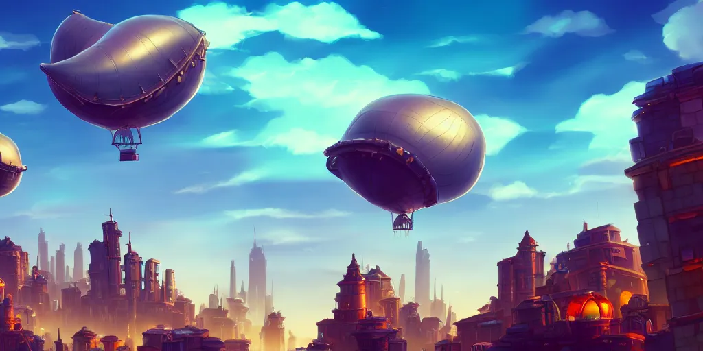 Image similar to the city in the of piltover, in the style from netflix's arcane, blimps in the sky, blue skies, soft clouds, trending on artstation