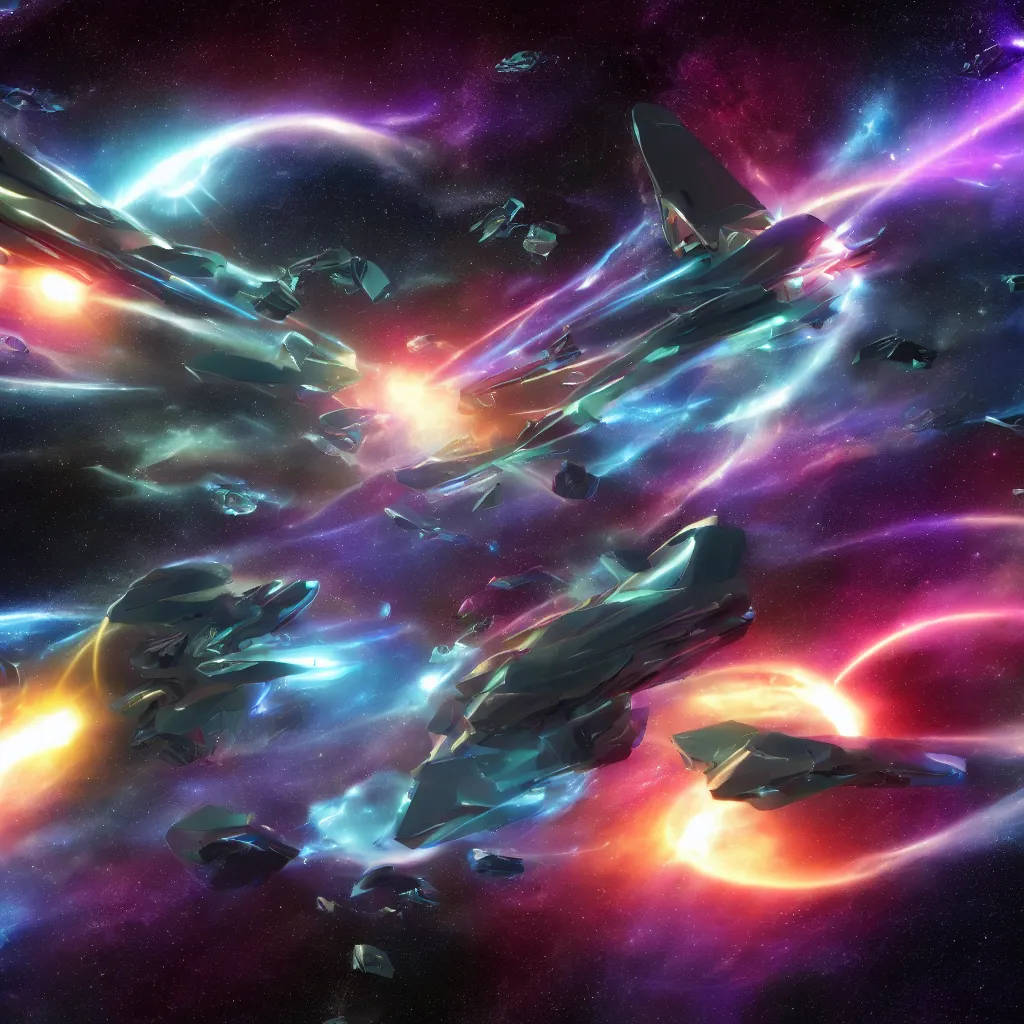 Image similar to galactic space fleet flying into a warp portal, 8 k resolution