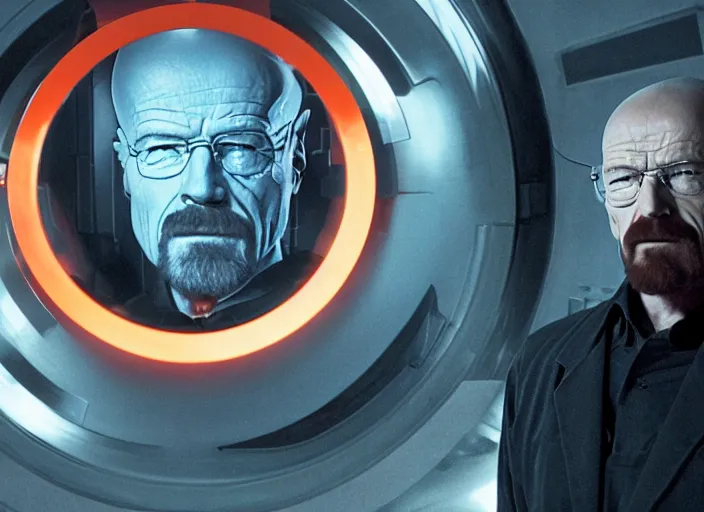 Image similar to film still of Walter White as Gordan Freeman in an underground lab facility wearing a black HEV suit with an orange lambda logo in front with a glowing blue portal in the background in the Half Life Movie, 4k