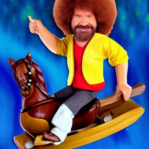 Image similar to bob ross riding a rocking horse on acid