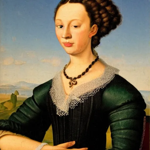 Prompt: young woman from the year 1 5 0 0, seated in front of a landscape background, her black hair is fine curly from the year 1 5 0 0, she wears a dark green dress pleated in the front with yellow sleeves, puts her right hand on her left hand and smiles slightly, oil painting