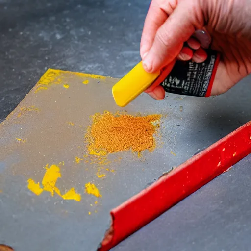 Prompt: dipping a red brick into a tin of yellow paint