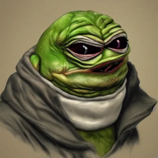 Image similar to sad furious angry pepe, horror, realistic, detailed, artstation