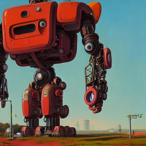 Image similar to an intricate oil painting of a giant anime robot with rounded and circular parts by simon stalenhag