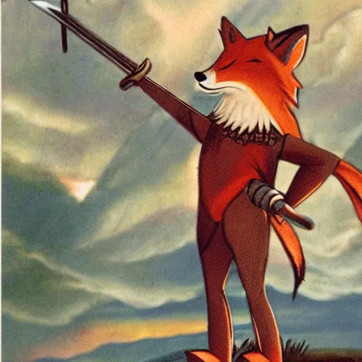 Image similar to anthropomorphic fox who is a medieval knight holding a sword towards a stormy thundercloud 1 9 3 0 s film still, fantasy castle in the background