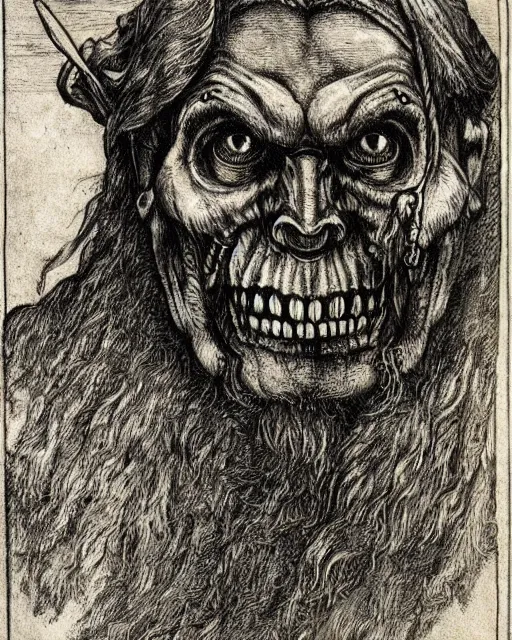 Image similar to orc, fine details, extremely detailed, black and white, very sharp, in the style of albrecht durer