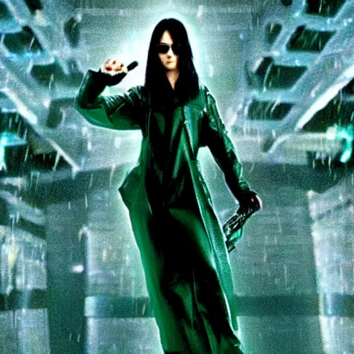 Prompt: photo still of actress miku hatsune as trinity in the matrix ( 1 9 9 9 )