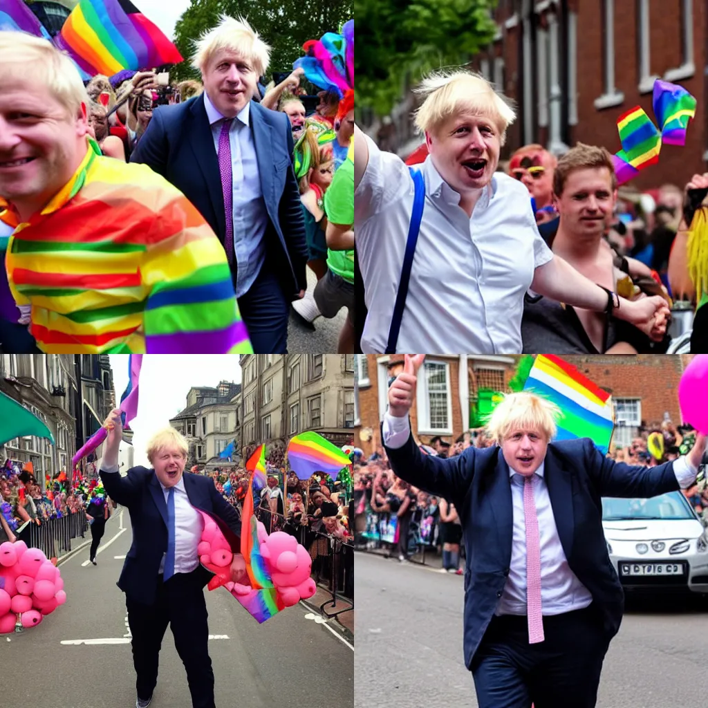 Prompt: boris johnson celebrating at a gay pride parade