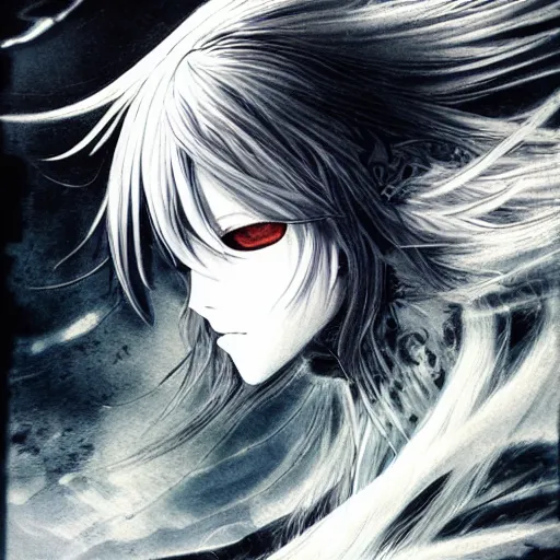 Image similar to yoshitaka amano blurred and dreamy illustration of an anime girl with pirate eye patch, wavy white hair and cracks on her face wearing elden ring armour with the cape fluttering in the wind, abstract black and white patterns on the background, noisy film grain effect, highly detailed, renaissance oil painting, weird portrait angle