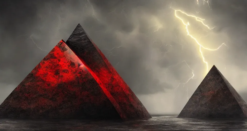 Prompt: black lovecraftian obsidian pyramid!! on a snowy island surrounded by raging stormy seas by eugene von guerard, ivan shishkin, night, red lightning!!, storm, dramatic lighting, concept art, trending on artstation, 8 k