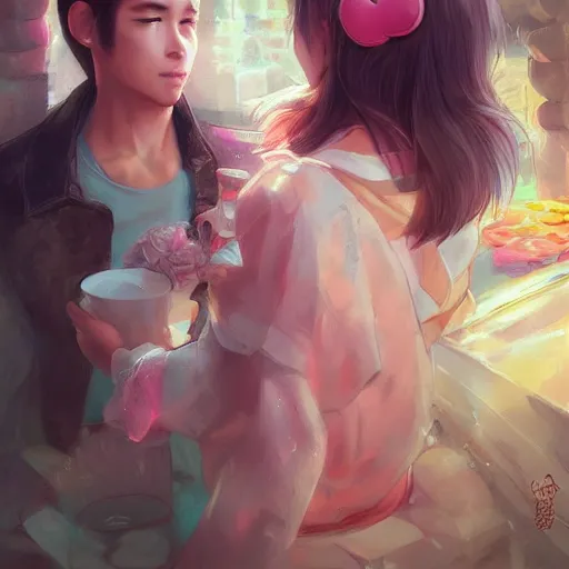 Image similar to Couple in love, hello kitty theme, by Stanley Artgerm Lau, WLOP, Rossdraws, James Jean, Andrei Riabovitchev, Marc Simonetti, Yoshitaka Amano, ArtStation, CGSociety,