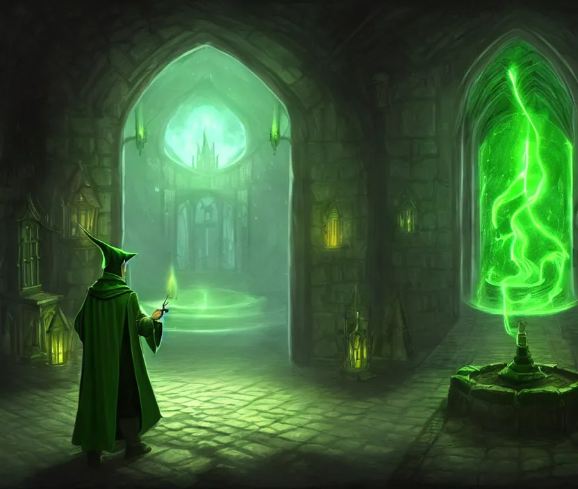 Image similar to a concept art of a wizard in his castle discovering a magic scroll that gives eternal life, atmospheric magic dark scene with green fires in the lights, a big door in the background