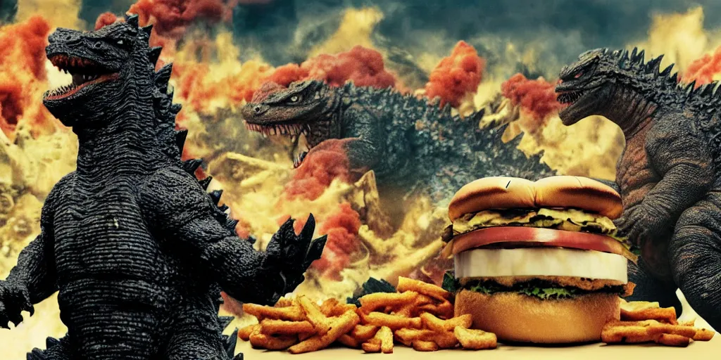 Prompt: photo of godzilla eating a giant pile of cheeseburgers with glee, funny, weird