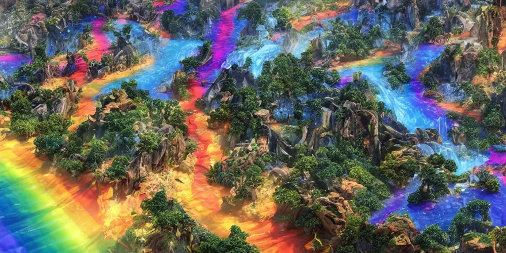 Image similar to a octane render of a landscape with a epic city and aquamarine coloured gras beautiful trees made from gold and rainbow liquid waterfalls and marvel hell riders with rainbow flames as citizen hollywood style, by waya steurbaut entertainment, dark, intricate, highly detailed, smooth, artstation, high resolution film render 100k, photo realistic style, epic, colourful, close up shot, 3D